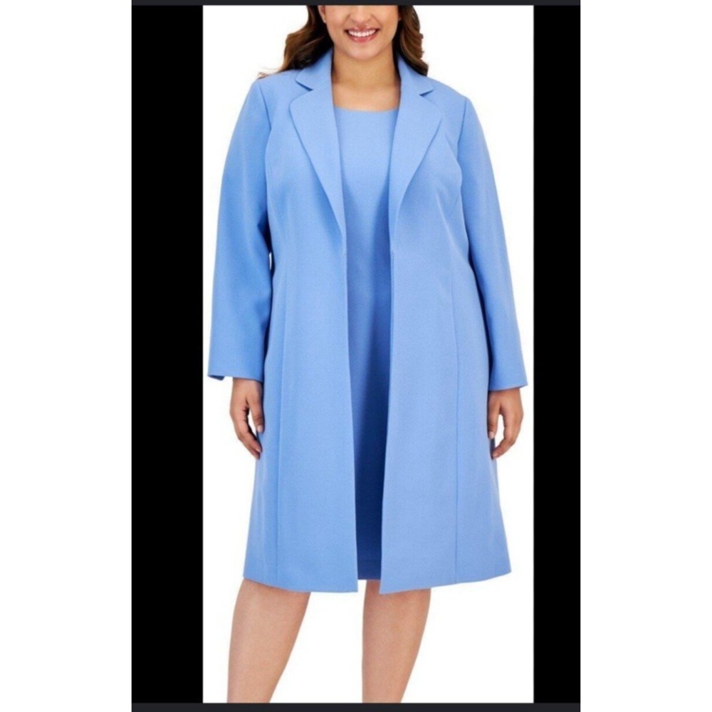 Le Suit Woman 24W Blue Chambray Crepe Dress Suit Long Jacket Career Wedding NWT
